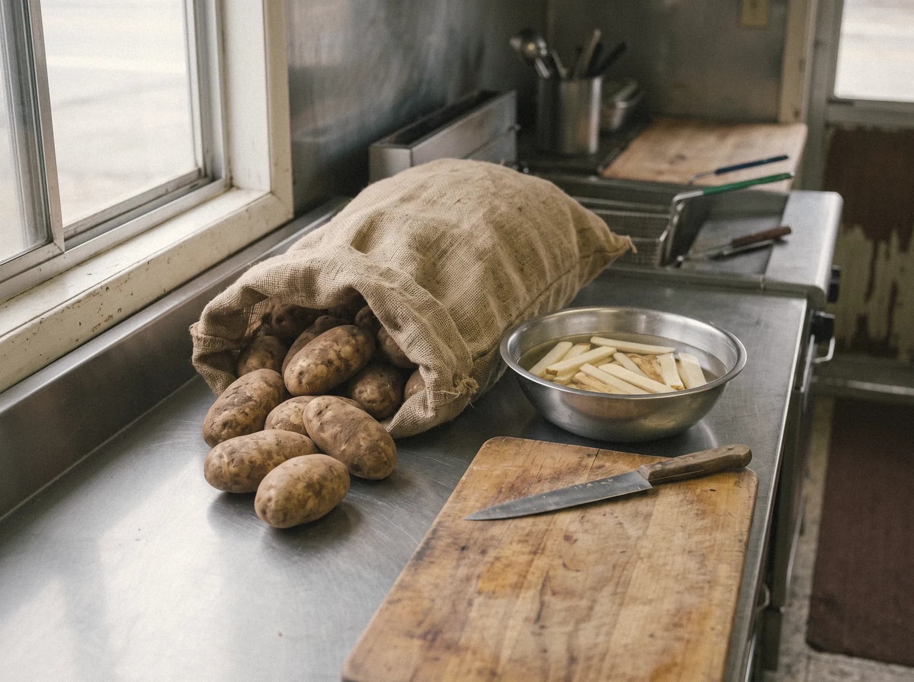 A burlap sack of russet potatoes on a steel counter, cut fries soaking in a bowl, a knife on a cutting board