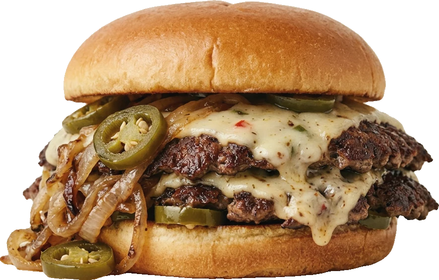 A double burger with pepper jack, grilled onions and jalapeños on waxed paper