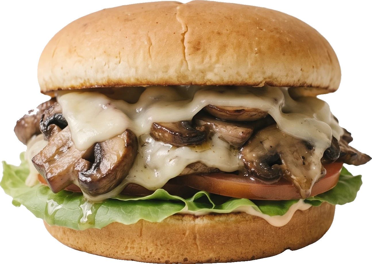 A grilled mushroom and cheese melt with lettuce and tomato on waxed paper