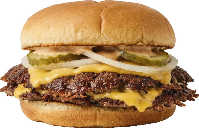 A single cheeseburger half-wrapped in waxed paper on a mint formica table